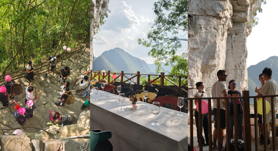 Triptych showing an outdoor celebration: a group in pink hats on a rocky forest floor, a mountain-view dining setup, and guests on a cliffside balcony with balloons.