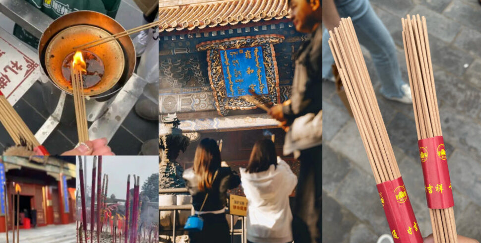 Yonghe Temple,Beijing,Chinatour Incense sticks being lit and placed in a burner at a temple site, with worshippers nearby, suggesting a ceremonial ritual.
