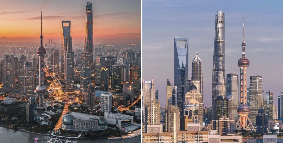Side-by-side Shanghai skyline photos at sunset (left) and daytime (right) featuring the Oriental Pearl Tower and tall skyscrapers in the city center,