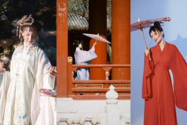 Hanfu,China Culture,Chinatour Triptych of people in traditional East Asian attire: pale embroidered dress with crown on left, a blue-robed figure with a parasol at a temple center, and a red kimono-wearing woman with a parasol on the right.