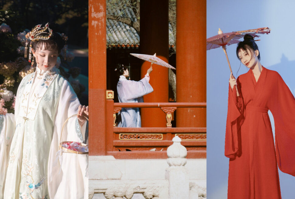 Triptych of people in traditional East Asian attire: pale embroidered dress with crown on left, a blue-robed figure with a parasol at a temple center, and a red kimono-wearing woman with a parasol on the right.