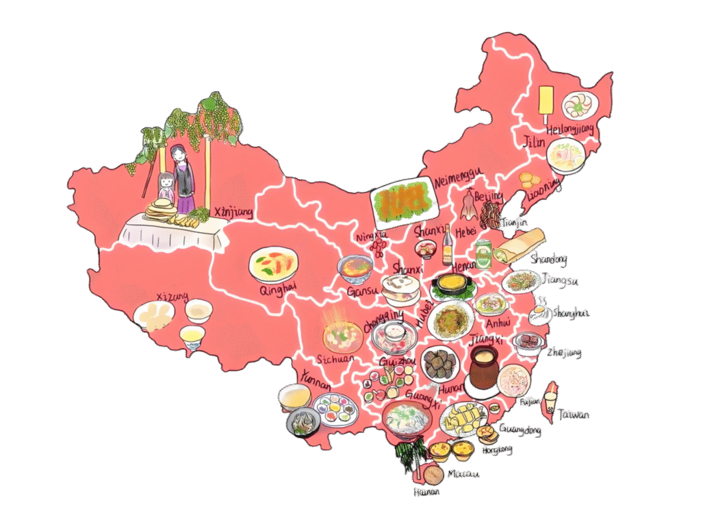 china food map, chinatravel, Stylized map of China showing regional cuisines with food illustrations (dumplings, noodles, hotpot) and labeled provinces in pinyin; colorful, hand-drawn style.
