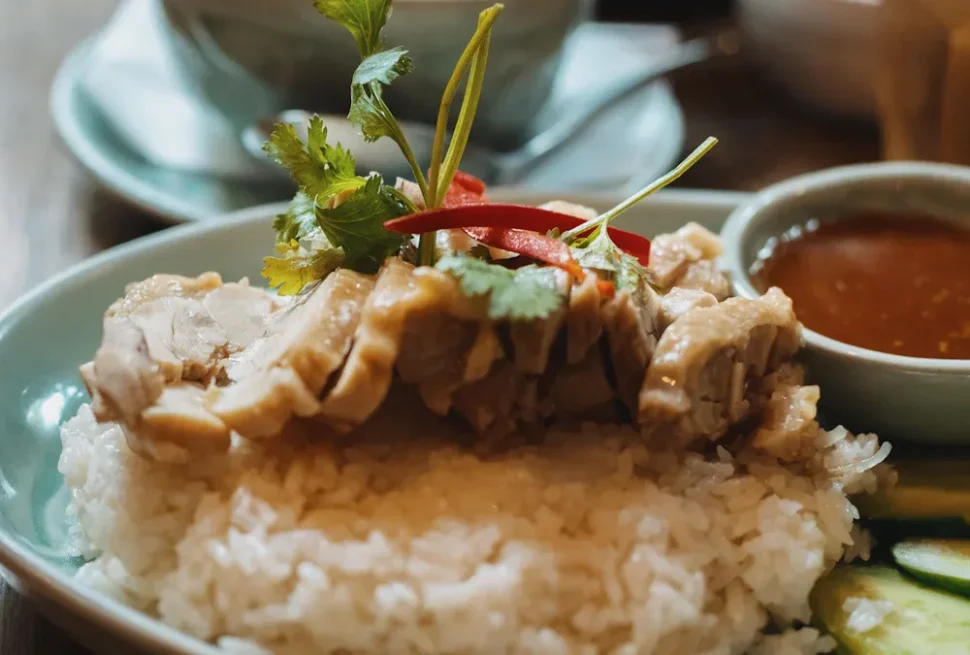 Plate of white rice topped with sliced chicken, cilantro, and a red chili, with a small bowl of sauce on the side.
