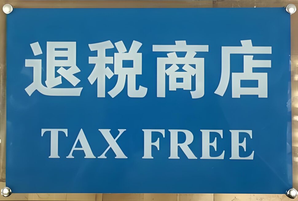 China Tax Refund, chinatravel, Blue sign displaying large white Chinese characters 退税商店 and the words TAX FREE at the bottom.