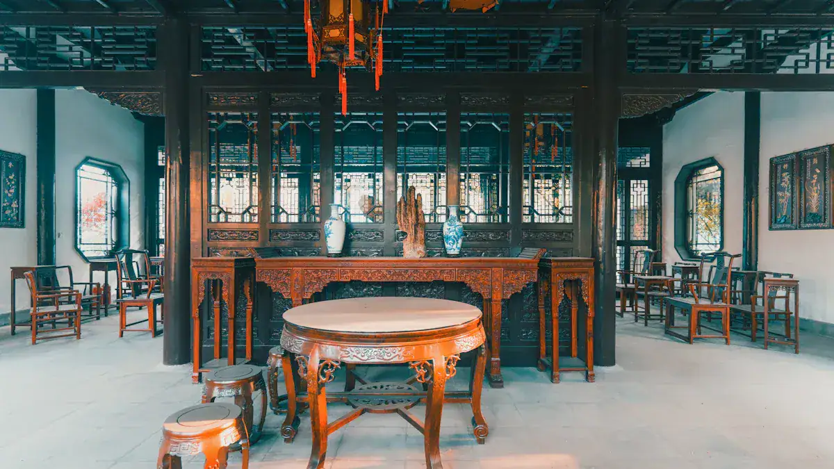 Dark wood shrine room with an ornately carved altar, porcelain vases, and a round marble-topped table.