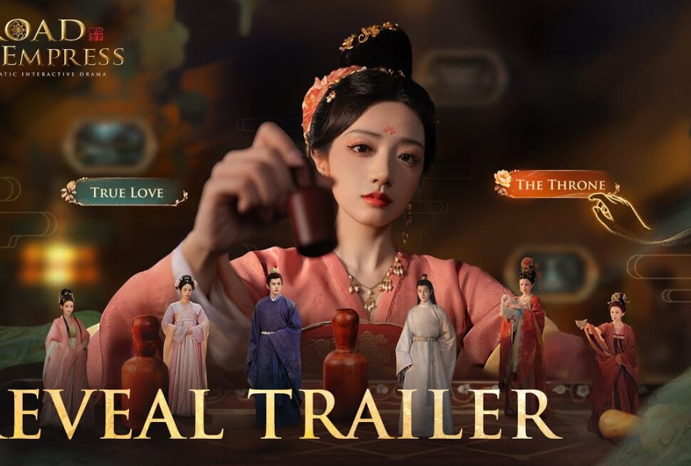 Road to Empress and China travel for game fans,Chinatour Promotional poster for Road to Empress; central empress in pink robes pours wine, with miniature courtiers and 'Reveal Trailer' at bottom.