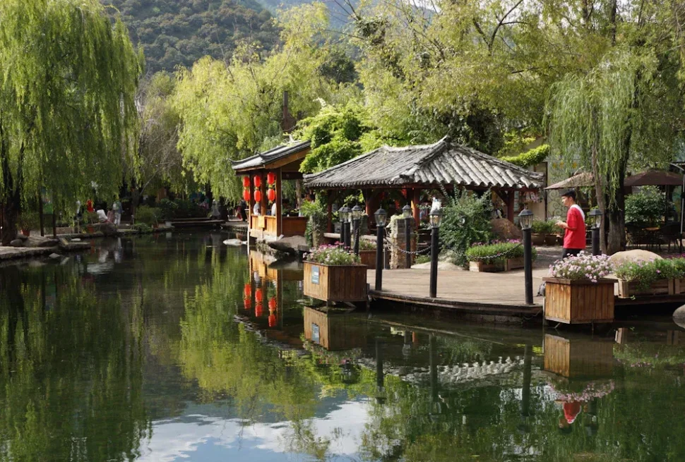 Tranquil garden pond with wooden pavilions, red lanterns, and weeping willow trees reflected in the water; a person in a red jacket stands on a boardwalk nearby.
