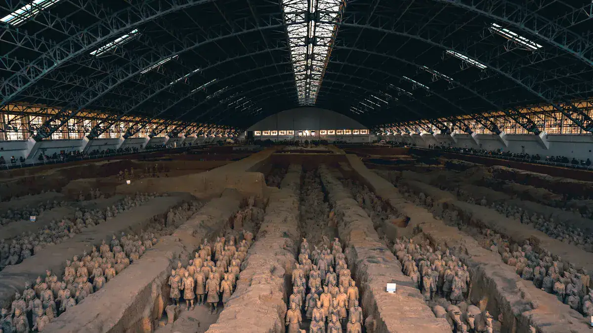 Terracotta Warriors,Xi'an,Chinatour Expansive indoor excavation site showing rows of Terracotta Army soldiers in long trenches under a large arched roof.