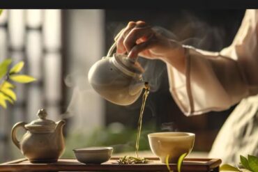 Person pours hot tea from a ceramic teapot into a cup on a wooden tray as steam rises, with tea leaves and a teapot nearby in a sunny setting.