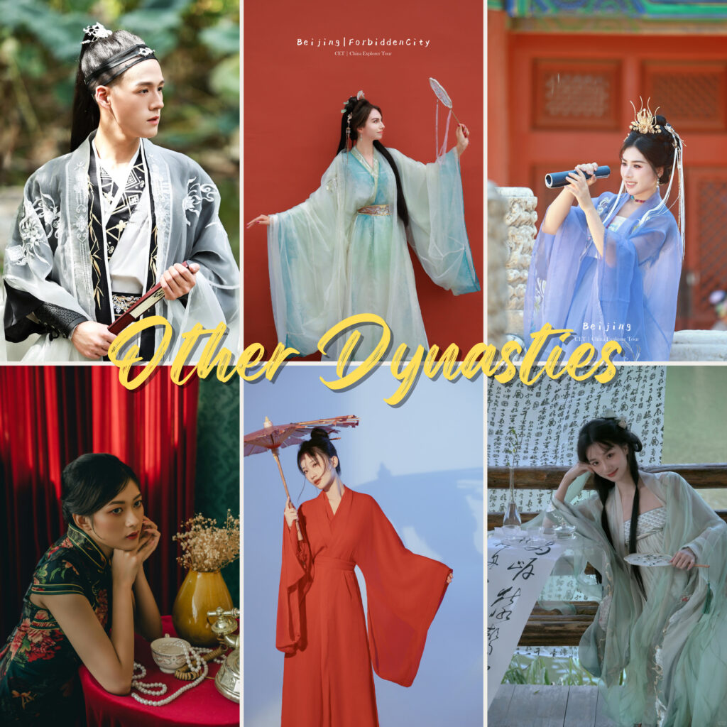 hangfu Photoshoot, collection, other dynasties, chinatravel, Collage of six people in elegant traditional Chinese costumes, posed in different settings, with 'Other Dynasties' across the center.
