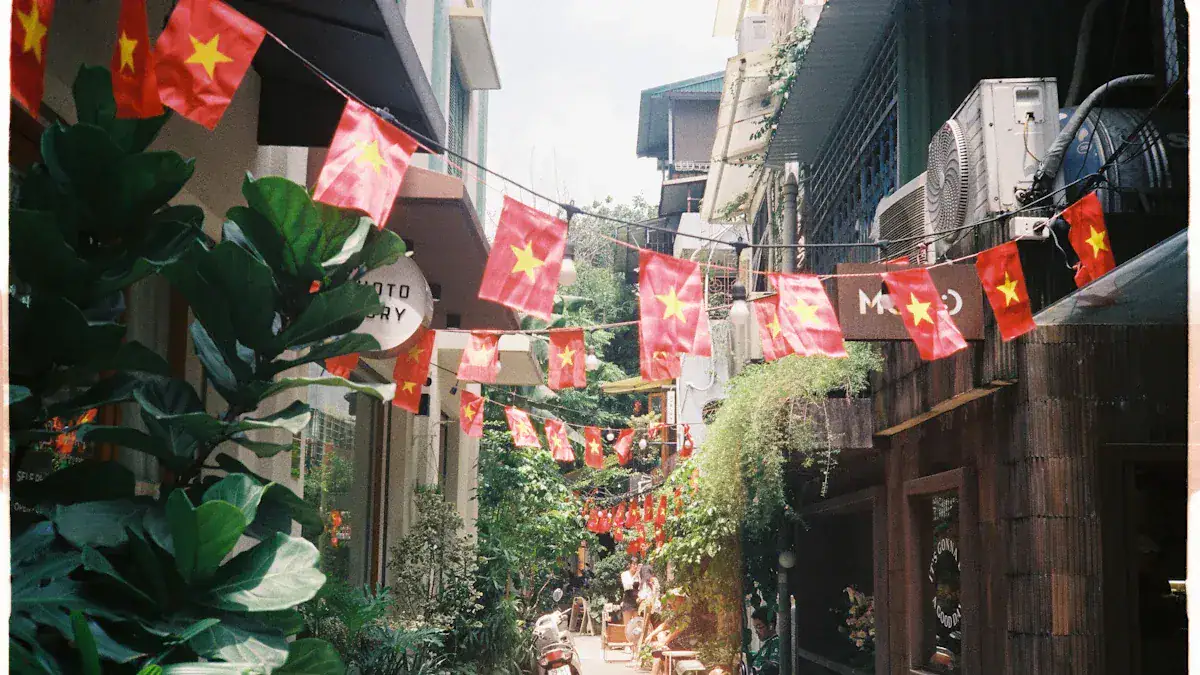 Narrow street decorated with Vietnamese flags strung overhead between buildings.