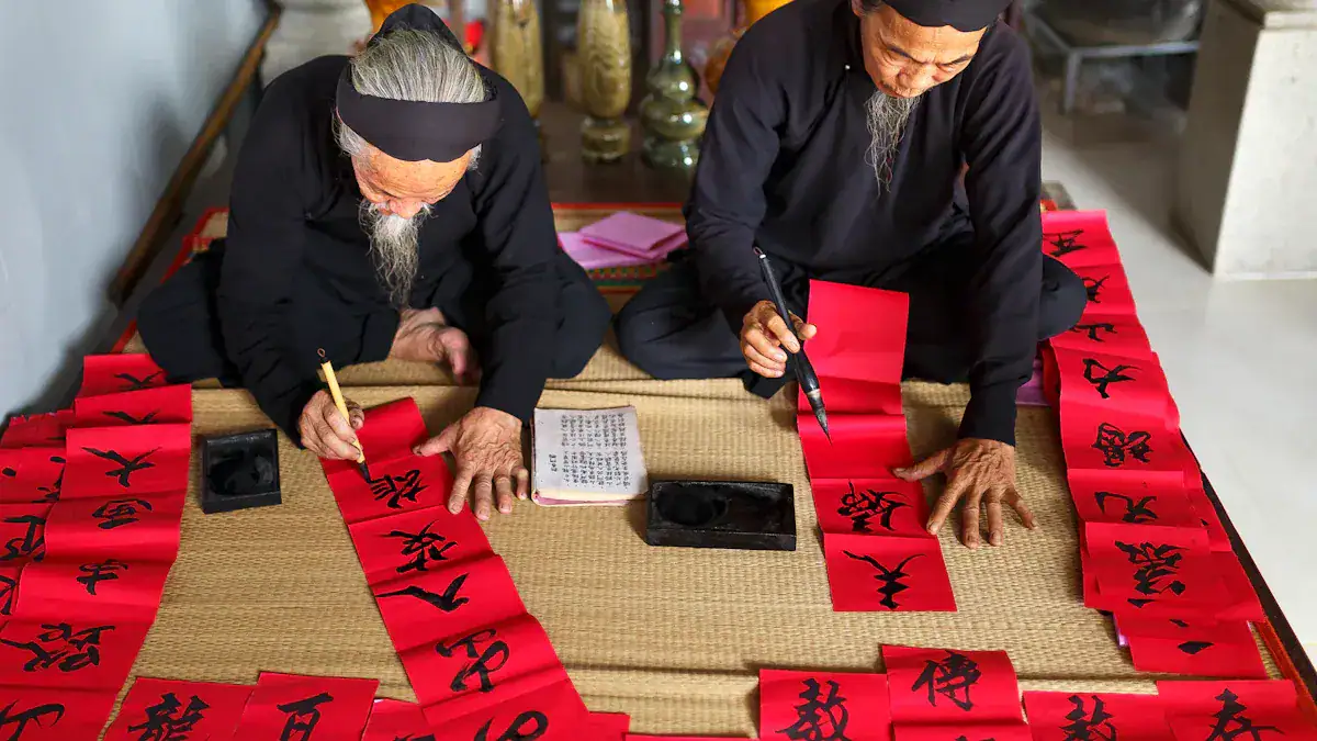 Beijing Calligraphy Class ,Chinatour Two elderly men in black clothing write Chinese calligraphy on red banners laid out on a mat.