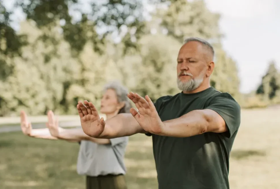 Two seniors practicing Tai Chi in a sunny park, arms extended forward in slow, controlled movements.