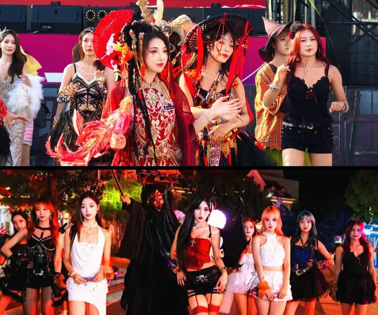 Shanghai Happy Valley,Shanghai,Chinatour Group of women in colorful costumes posing on a stage at a night festival event.
