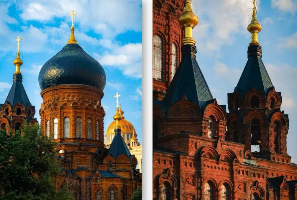 Two ornate Russian Orthodox churches side by side: left features a large blue onion dome with a gold cross, right shows brick towers with peaked blue roofs and gold spires.