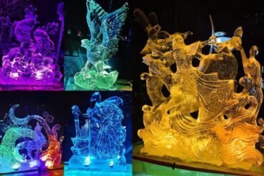 Collage of colorful ice sculptures illuminated in purple, blue, green and gold.