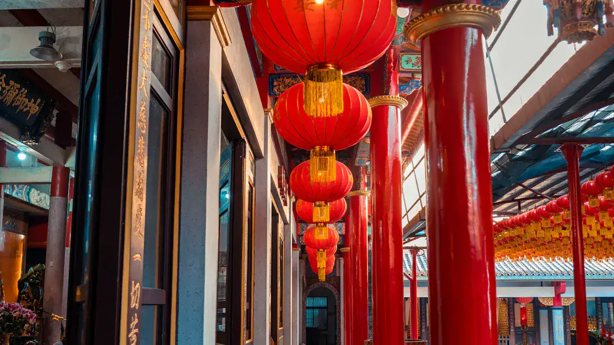 Jinli Ancient Street,Chengdu,Chinatour Temple corridor with bright red hanging lanterns and glossy red columns, gold accents, and ornate decorations.