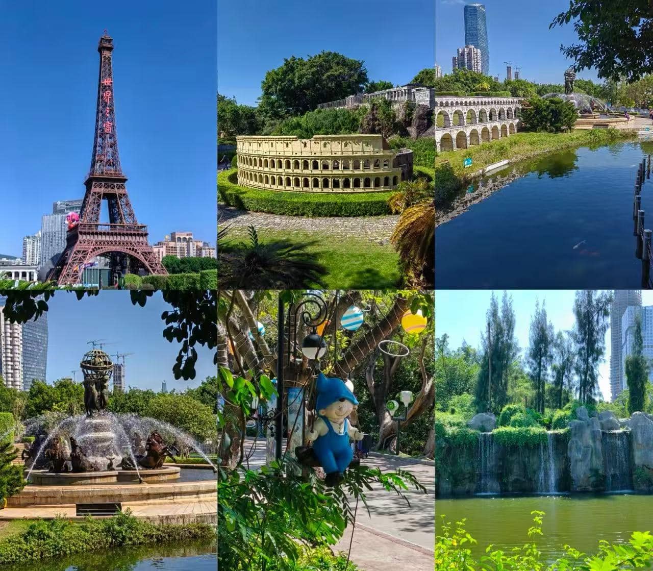 A collage of urban park attractions: Eiffel Tower replica, ancient amphitheater, aqueduct, fountain, garden statue area, and playground with a Smurf doll among trees.