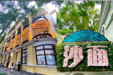 Shamian Island’s Colonial District,Guangzhou,Chinatour Two side‑by‑side scenes: on the left a yellow neoclassical building with orange lighting along a tree-lined street; on the right a pink flower wall forming Chinese characters under a blue glass canopy.