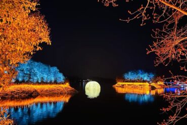 Thousand Islands Lake,Hangzhou,Chinatour Night scene of a round illuminated bridge over a calm river, with orange-lit trees along the banks and blue-lit trees in the background reflecting in the water, at night.