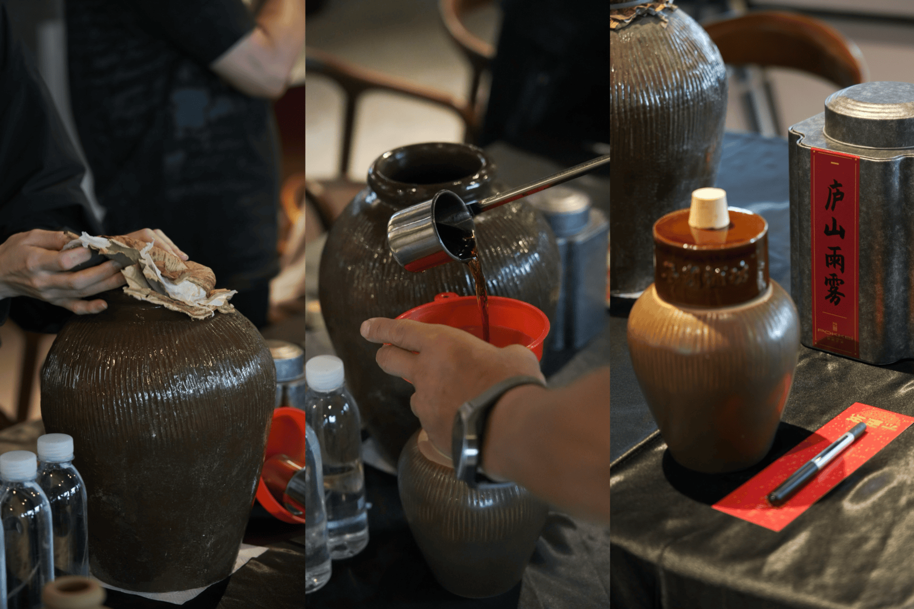 Triptych showing tea preparation: wiping a dark ceramic jar, pouring tea into a red cup, and a labeled container on the table.