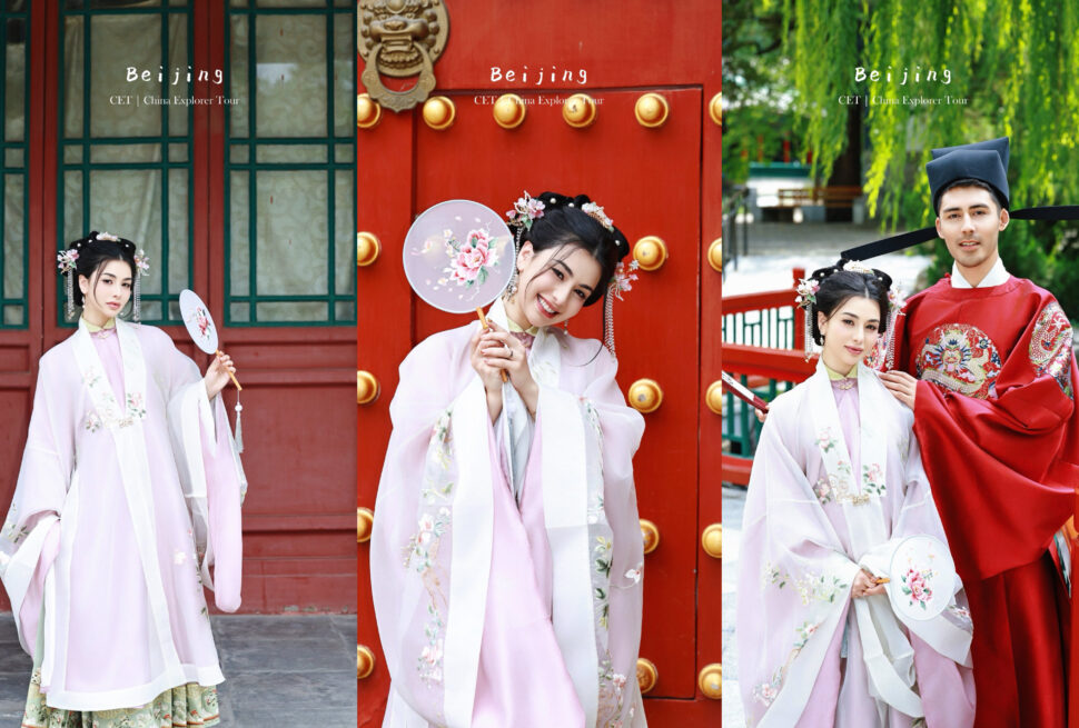 Three-panel collage of a couple in pale pink traditional Chinese hanfu posing beside a red door and greenery in a temple setting, with fans and floral hairpieces.