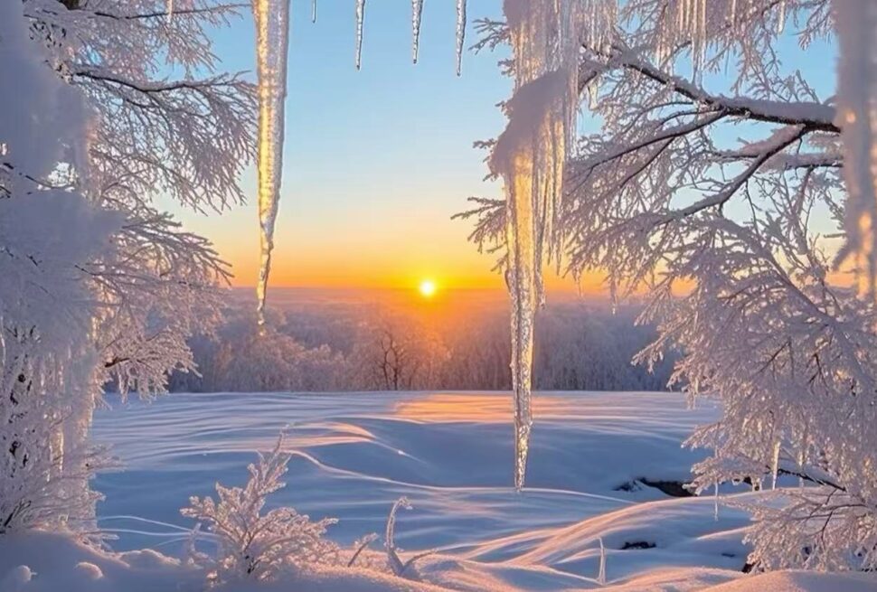 Changbai Mountain,Jilin,Chinatour Snowy winter landscape at sunset with icicles hanging from frosted branches and a sun on the horizon.