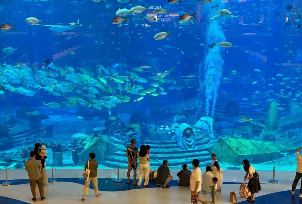 Sanya Atlantis Waterpark,Sanya,Chinatour Visitors observe a large blue aquarium tank filled with a school of fish and a decorative sunken ship centerpiece behind the glass.