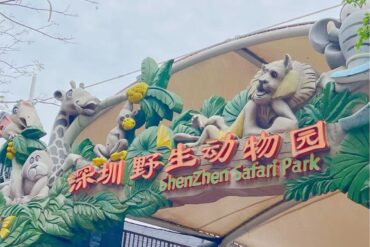 Entrance arch of Shenzhen Safari Park with colorful animal sculptures and tropical foliage (giraffe, monkey, birds) above the sign in Chinese characters and English text.