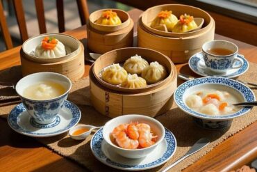 Assorted dim sum served in bamboo steamers with soup bowls and tea on a wooden table.