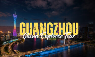 guangzhou, Chinatravel, Guangzhou skyline at night with illuminated tower and bridge, overlaid by bold yellow 'GUANGZHOU' and white 'China Explorer Tour' text (tour promo)