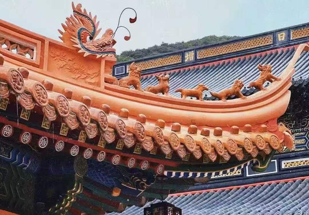 Huiji Temple,Zhoushan,Chinatour Close-up of a traditional Chinese temple roof with orange tiles, dragon figures, and decorative eaves.