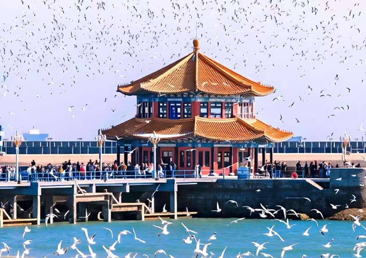 Two-tiered Chinese pavilion on a pier by blue water, with crowds and hundreds of seagulls flying overhead.