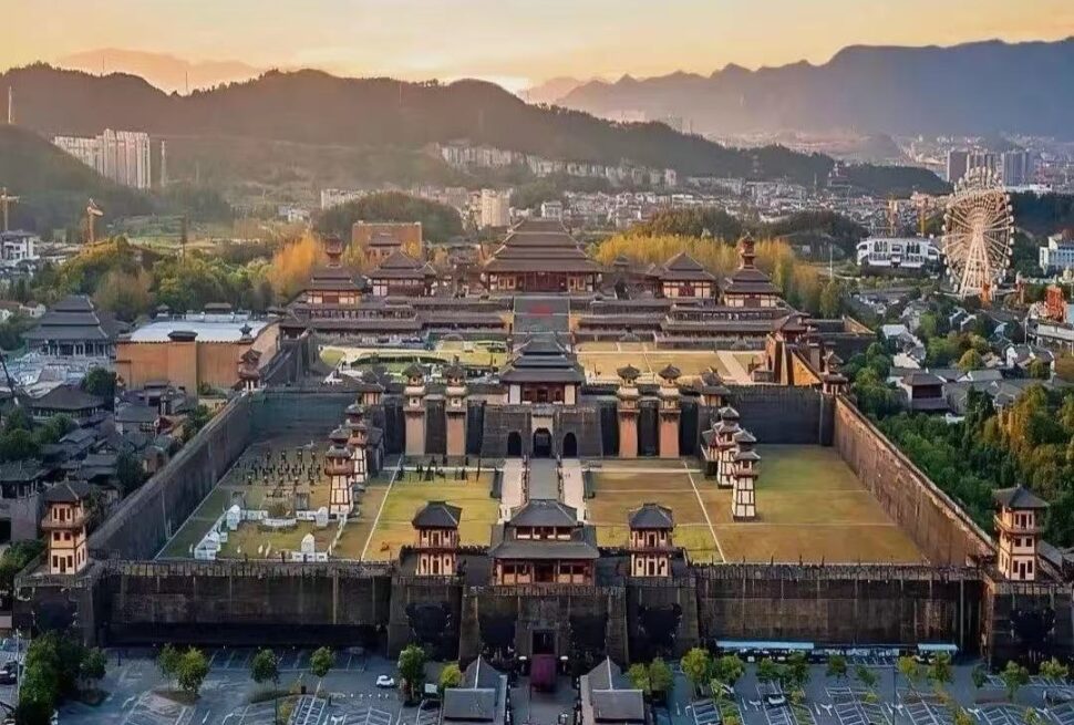 Sprawling ancient Chinese fortress with tall stone walls, pagoda roofs, and inner courtyards at sunset; city and hills in the background.