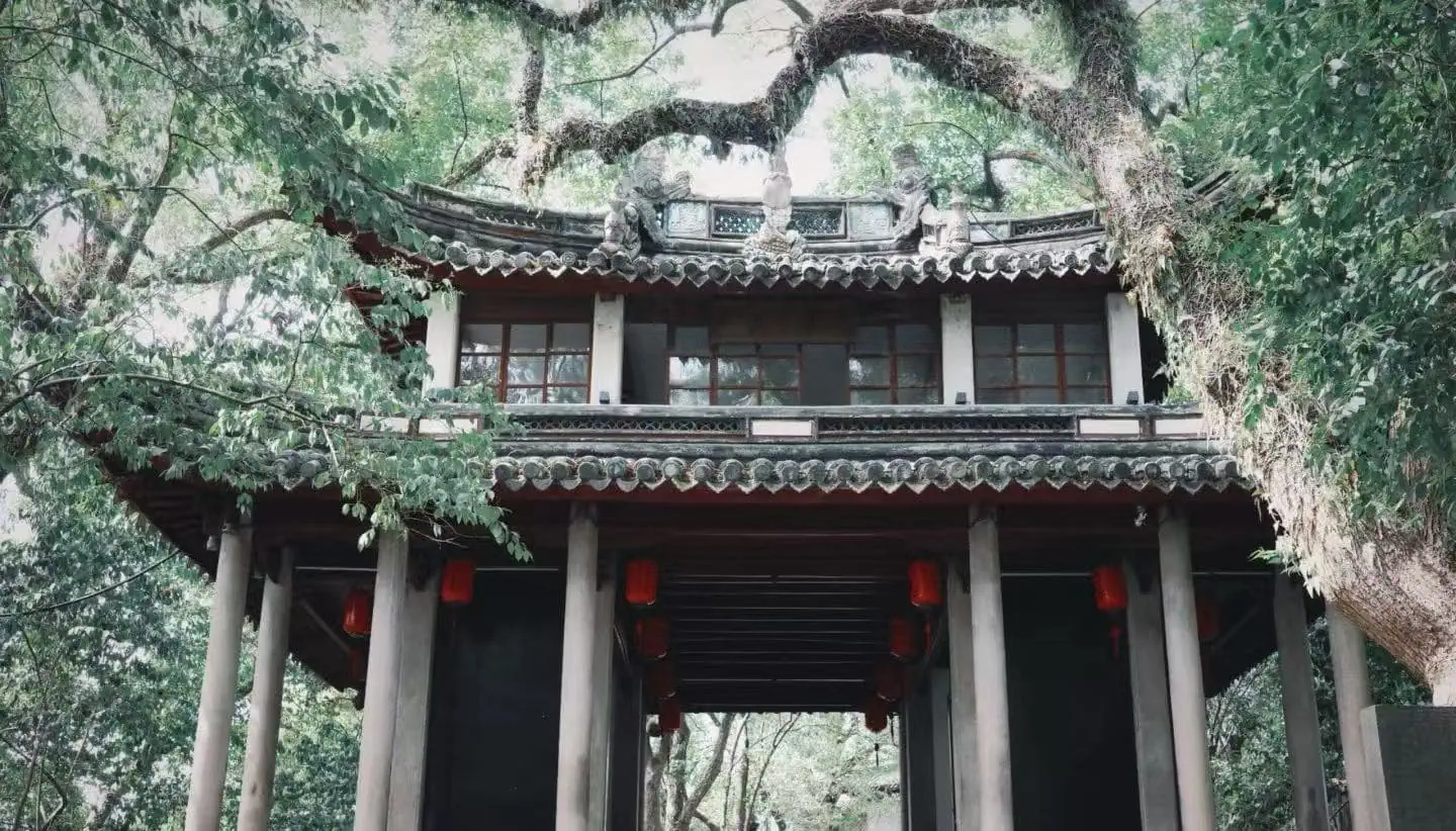 Fenghua Xikou Ancient Town,Ningbo,Chinatour Traditional Chinese pavilion entrance with red lanterns under a tiled roof, surrounded by dense greenery and trees.