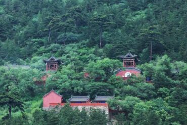 Mount Heng,Datong,Chinatour Red traditional temple buildings nestled in a lush green forest hillside on a slope with trees surrounding them.