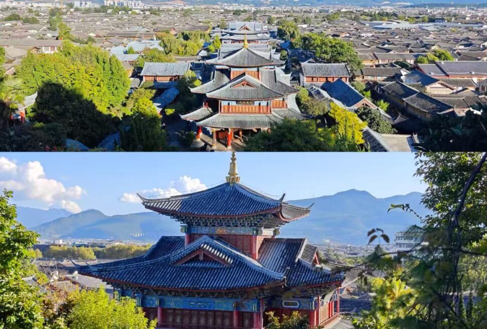 Aerial split image: dense hillside town with traditional Chinese pagodas and teal roofs amid trees and distant mountains.Mu’s Residence,Lijiang,Yunnan,Chinatravel