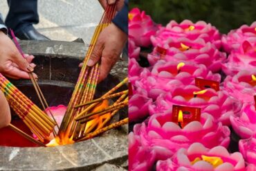 Guanlin Temple,Luoyang,Chinatour People arrange and light incense sticks in a stone burner as part of a ceremonial offering.
