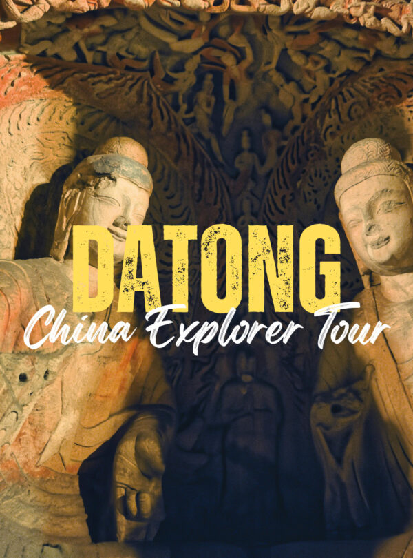 Datong,Shanxi,Chinatravel Promotional banner for Dadong China Explorer Tour showing carved winged figures and bold yellow 'DADONG' text over a cave backdrop.