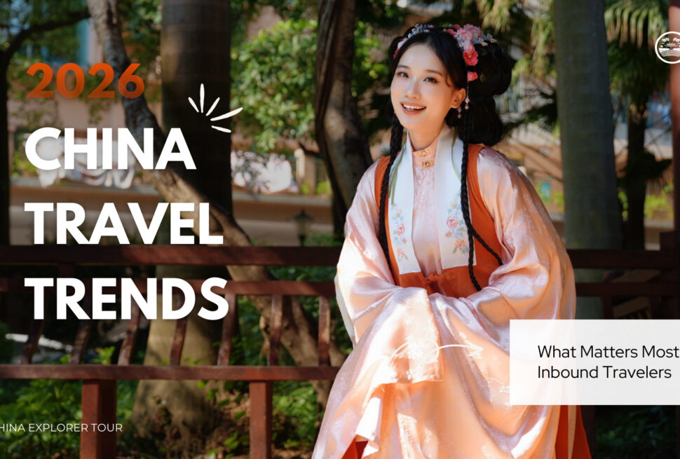 2026 china travel trends Smiling woman in traditional Chinese dress outdoors, with a 2026 CHINA TRAVEL TRENDS overlay for a travel article.