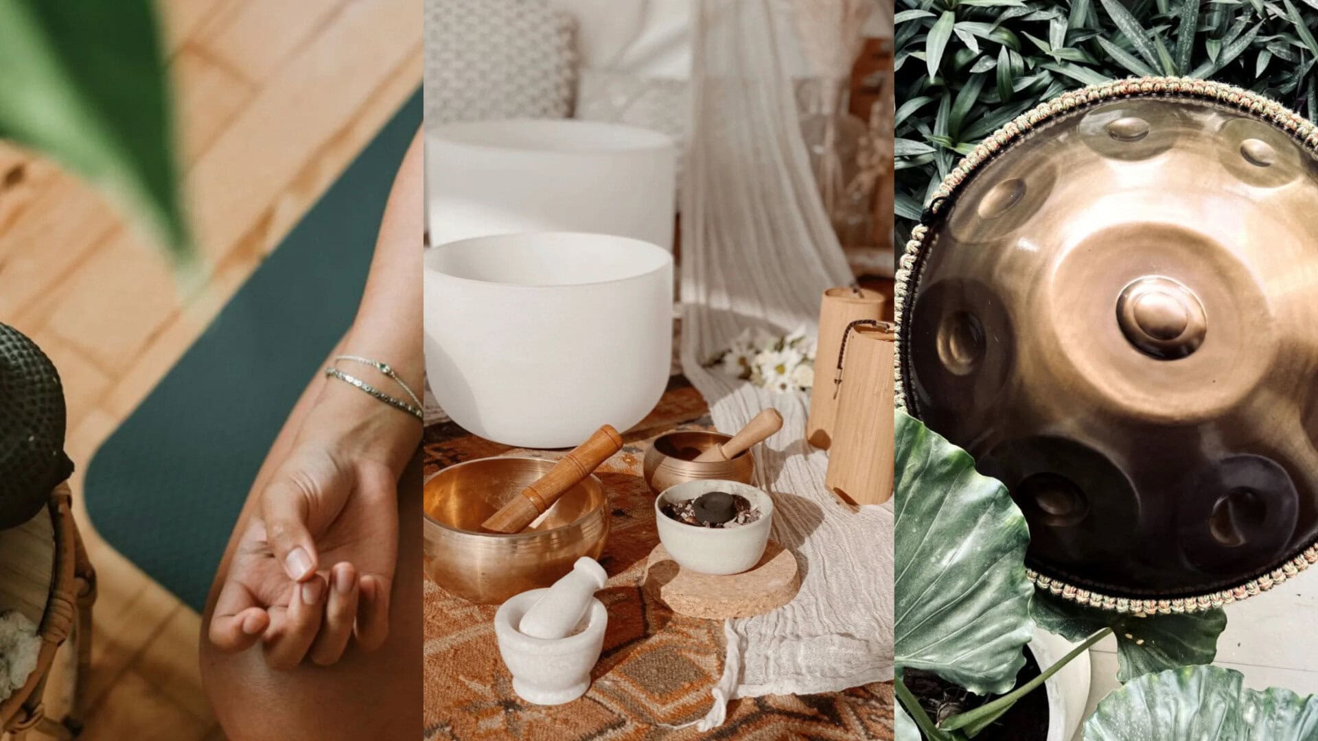 Dali Wellness Retreat,Dali,Chinatour Triptych collage: a person’s hands in a gentle, clasped pose on the left, a spa/ritual setup with white singing bowls in the center, and a brass gong framed by green leaves on the right.