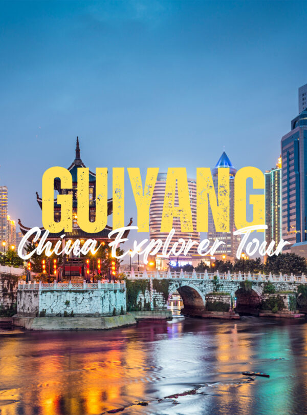 Guiyang,Guizhou,Chinatravel Night cityscape of Guiyang at dusk with a lit river and skyline, overlaid with bold yellow text 'GUIYANG' and white script 'China Explorer Tour'