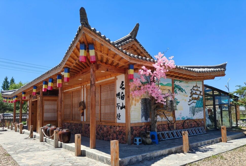 Changbai Korean Folk Village,Baishan,Jilin,Chinatravel Traditional wooden East Asian building with curved tiled roof, colorful banners, and a pink cherry blossom tree in bloom beside a stone path and mural wall.