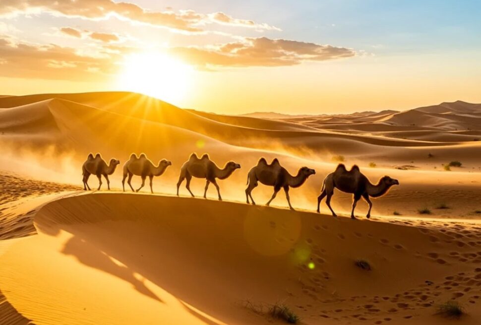 Shapotou Desert Scenic Area,Yinchuan,Ningxia,Chinatravel A line of camels walking in a desert at sunset, with golden sand dunes and a bright sun low on the horizon.
