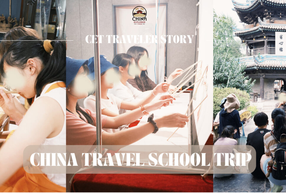 Collage of a clay workshop, people crafting at a display, and tourists at a Chinese temple.