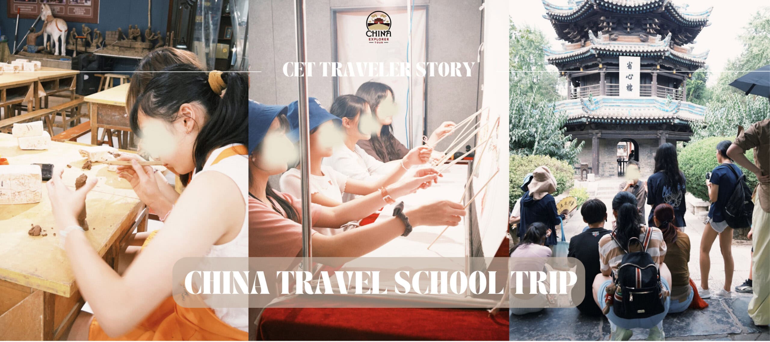 Collage of a clay workshop, people crafting at a display, and tourists at a Chinese temple.