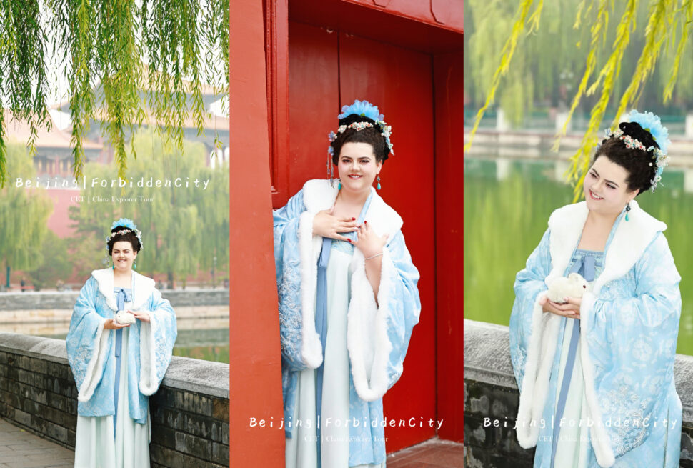 Triptych photo of a woman in blue Hanfu standing by a red door and a lake with willows, promoting Beijing Forbidden City.
