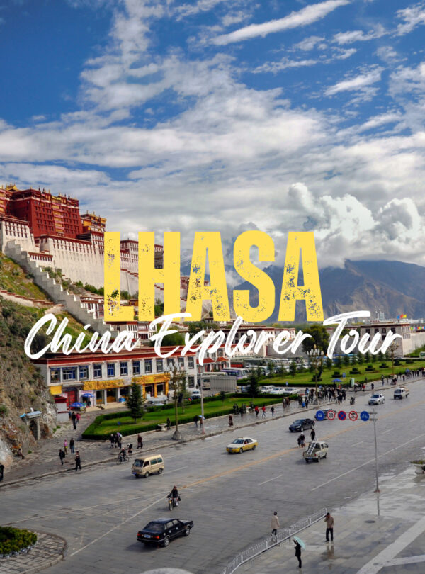 Lhasa,Tibet,China tour Promotional image for a Lhasa tour showing Potala Palace atop a hill and a busy city square with a large LHASA text banner overlay.