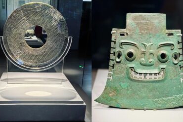 Circular carved stone disk with a central hole and intricate geometric patterns on display stand, museum exhibit piece for communication and ritual use,Shandong Museum,Jinan,Shandong,Chinatravel