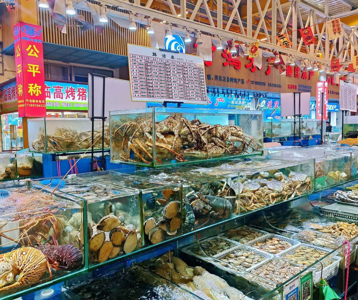 Fresh seafood display at a market in China, including crabs, lobsters, and shellfish.